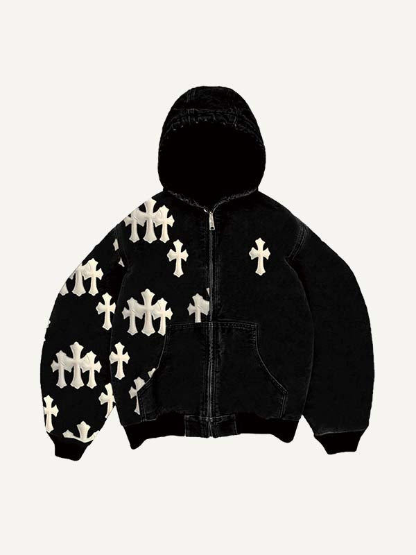 Cross Faux Decal Print Zip Up Hooded Coat
