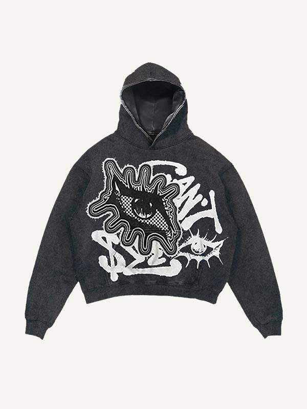 Distressed Washed Eye&Letter Faux Decal Print Slant Pockets Hoodie