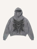 Distressed Washed Wing&Eye&Tears&Graphic Print Slant Pockets Hoodie