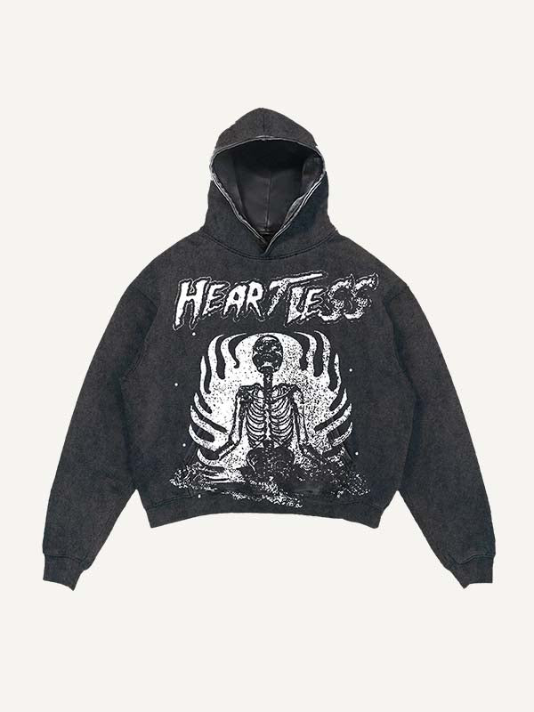 Distressed Washed Heartless Skeleton&Letter Print Slant Pockets Hoodie