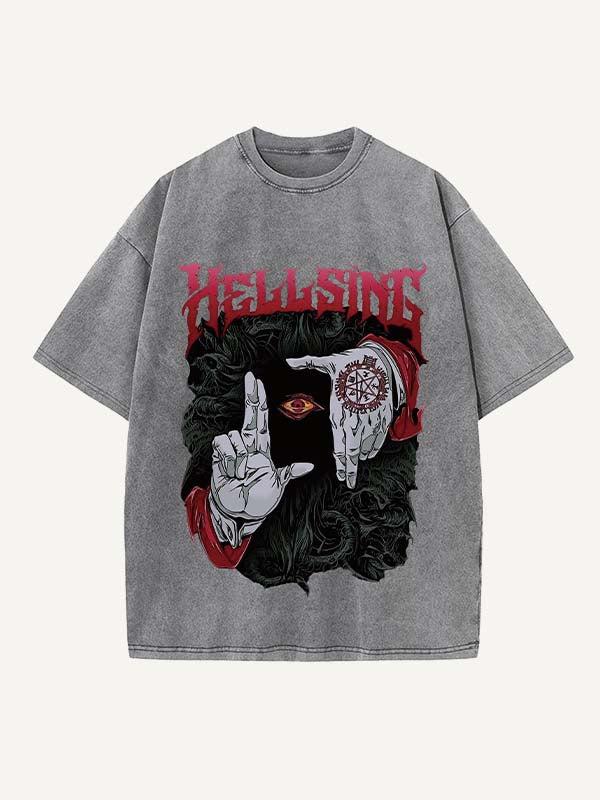 Distressed Washed Eye&Palm&Letter&Graphic Print Round Neck T-shirt