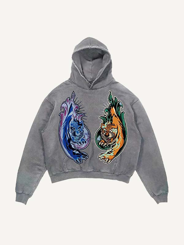 Distressed Washed Tiger&Snake&Panther Print Slant Pockets Hoodie