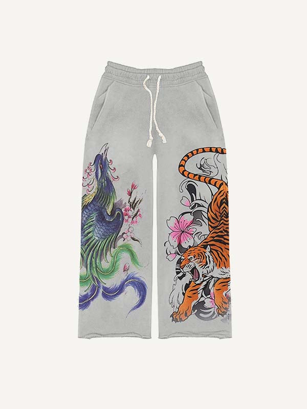 Dragon&Tiger&Phoenix Print Drawstring Waist Pants