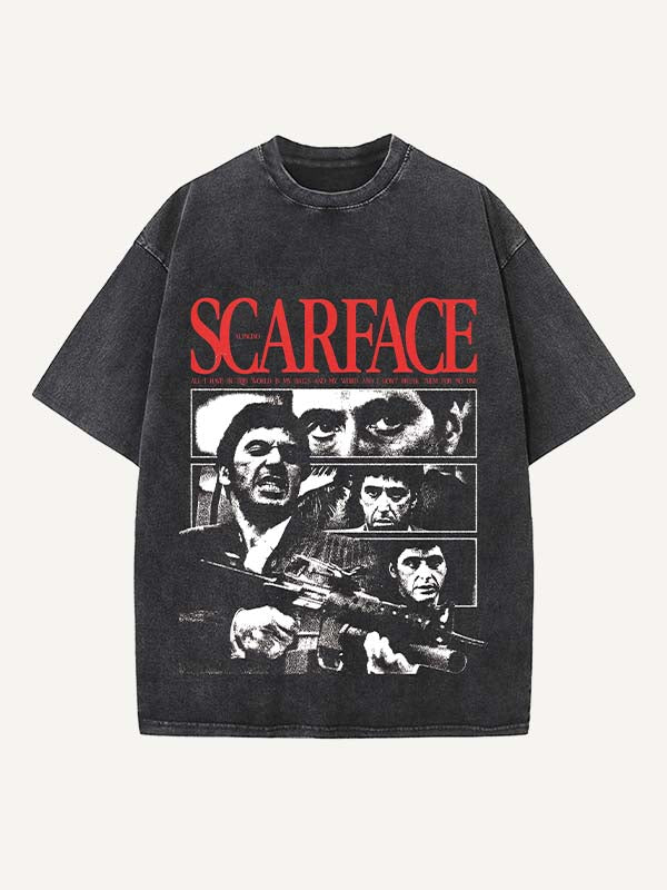 Distressed Washed Figure&Letter Print Round Neck T-shirt