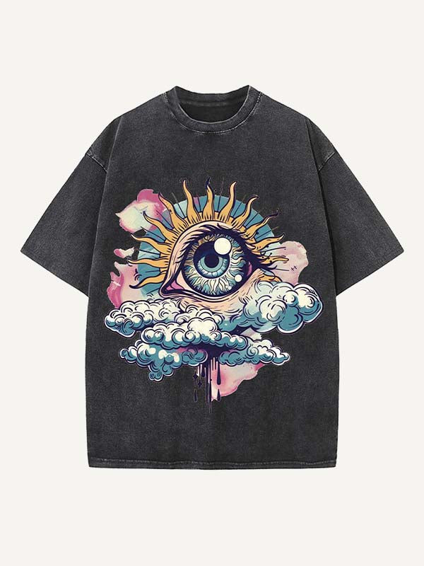 Distressed Washed Eye&Cloud Print Round Neck T-shirt