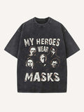 Distressed Washed Halloween Horror Print Round Neck T-shirt