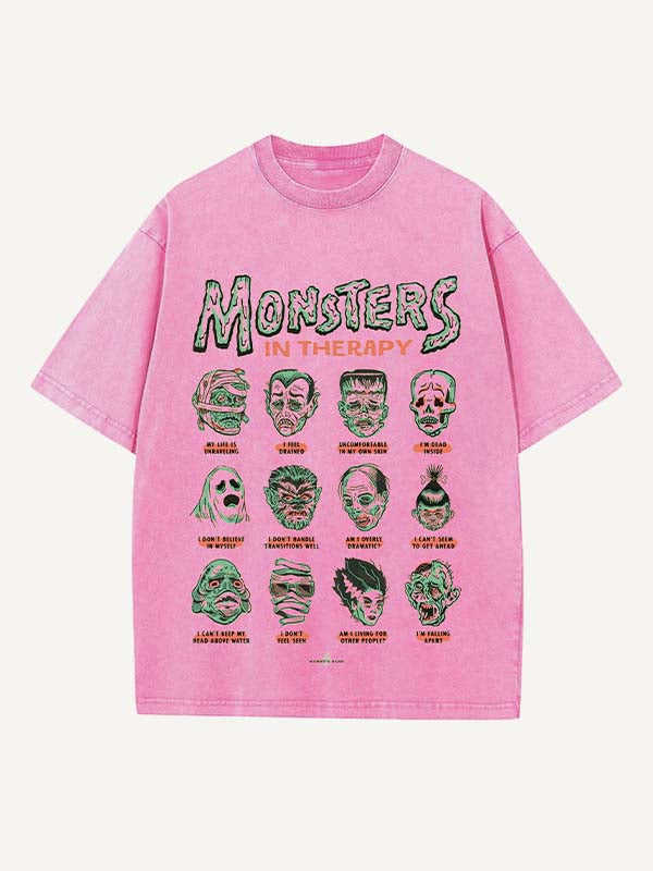 Distressed Washed Halloween Horror Print Round Neck T-shirt