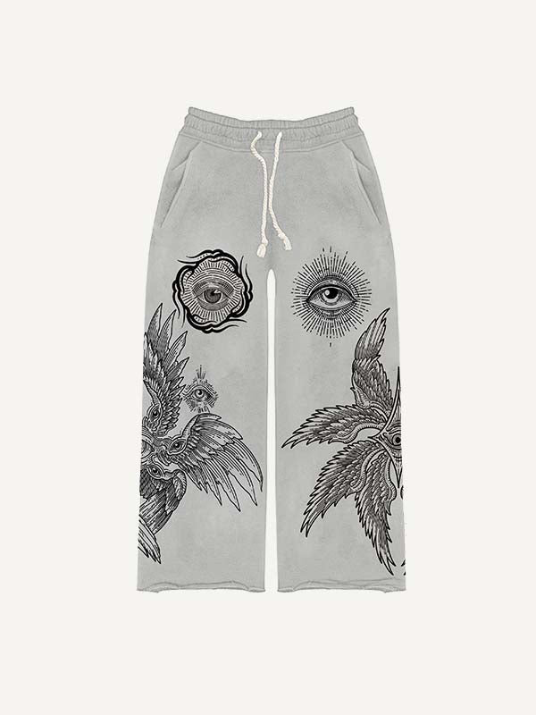 Eye&Wing&Sun Print Elastic Waist Pants