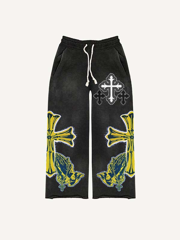 Figure&Pray&Cross Faux Decal Print Elastic Waist Pants