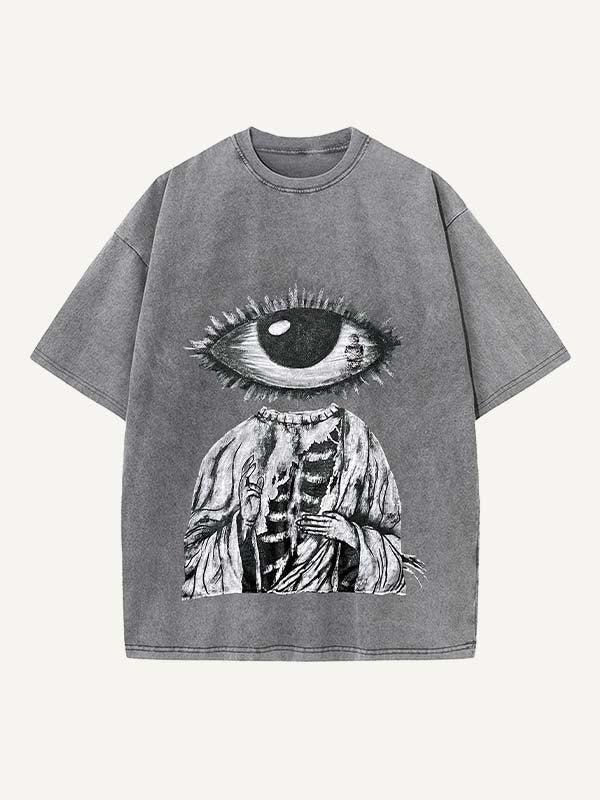 Distressed Washed Figure&Eye&Fire&Graphic Print Round Neck T-shirt