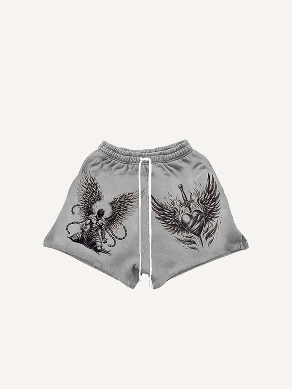 Figure&Wing&Heart&Sword Print Drawstring Waist Shorts