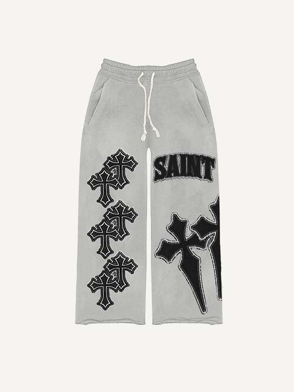 Cross&Letter Faux Decal Print Elastic Waist Pants