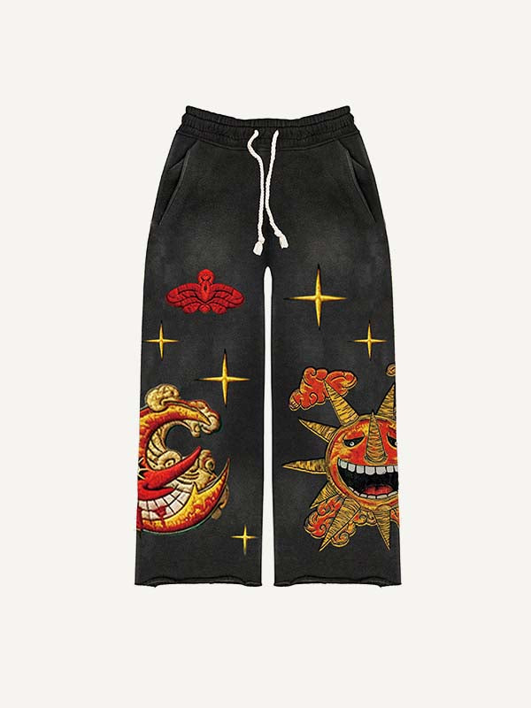 Evil Sun&Moon&Star&Cloud Faux Decal Print Elastic Waist Pants