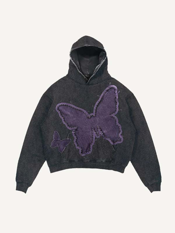 Distressed Washed Butterfly Faux Decal Print Slant Pockets Hoodie