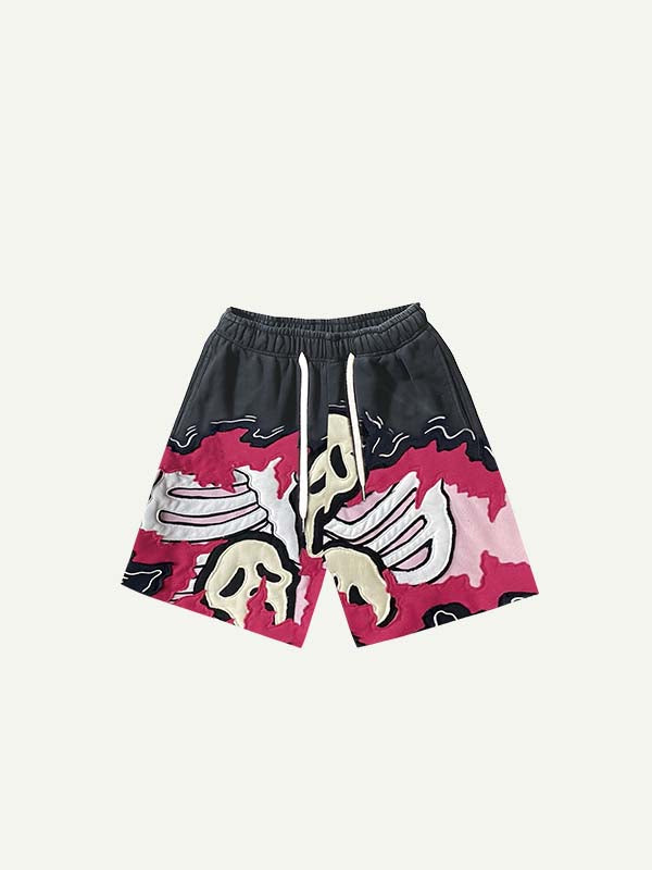 Abstract Colorblock Skull Faux Decal Print Drawstring Waist Shorts