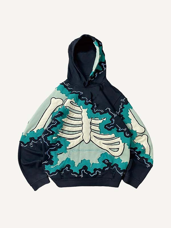 Colorblock Skeleton Faux Decal Print Slant Pockets Hoodie