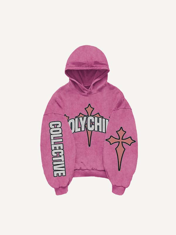 Cupid&Letter&Cross Print Slant Pockets Hoodie