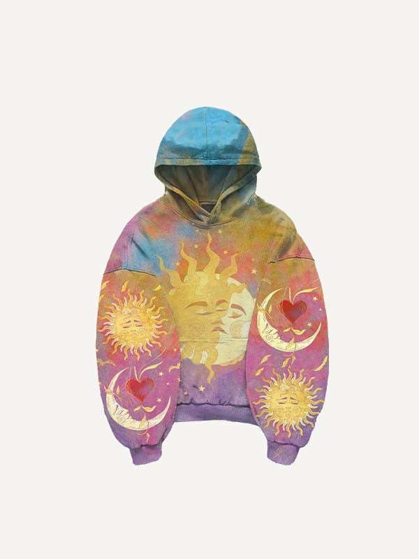 Figure&Heart&Sun&Moon&Cloud Print Slant Pockets Hoodie