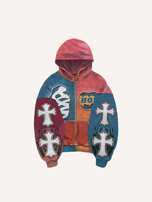Colorblock Cross&Skeleton&Letter Faux Decal Print Slant Pockets Hoodie