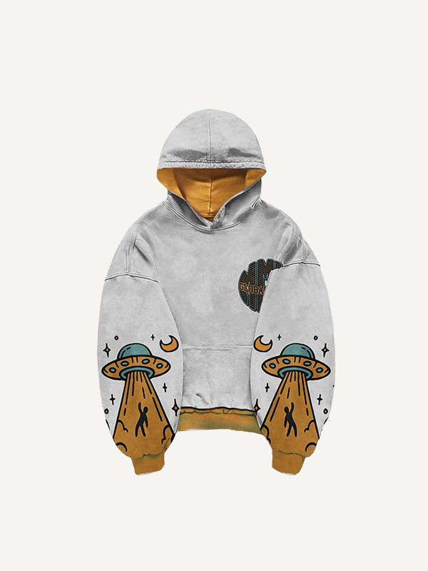 Colorblock UFO&Letter Graphic Print Slant Pockets Hoodie