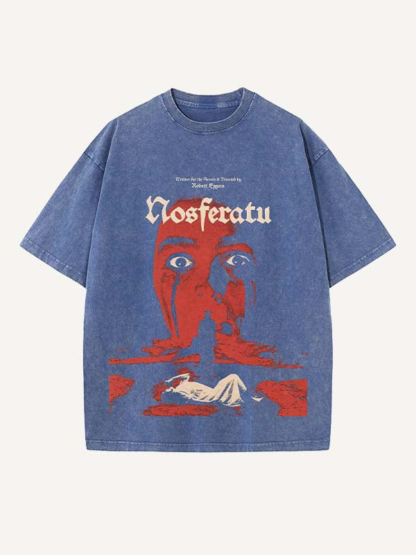 Distressed Washed Halloween Horror Print Round Neck T-shirt