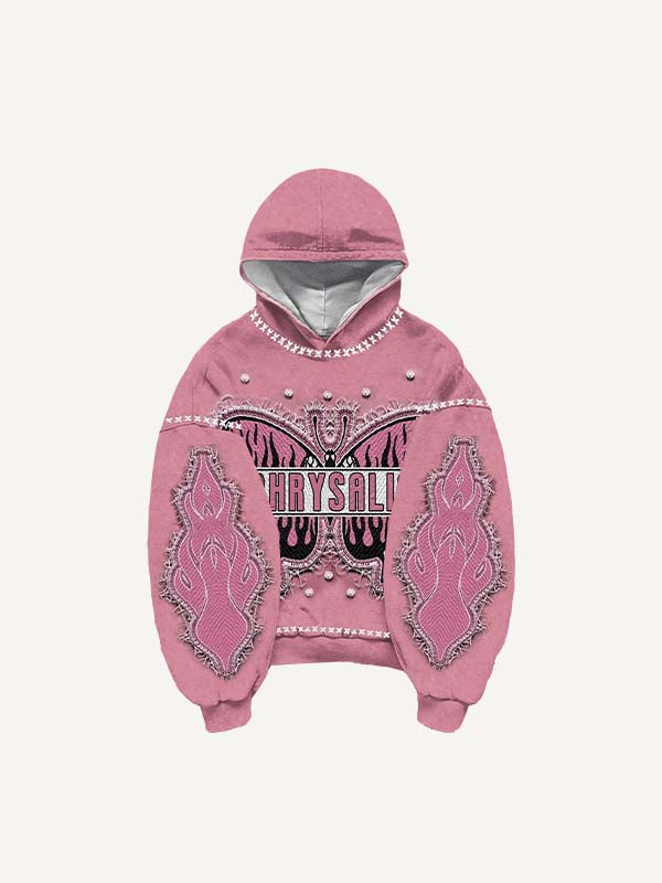 Fire Butterfly Faux Rhinestones Print Faux Decal Print Slant Pockets Hoodie