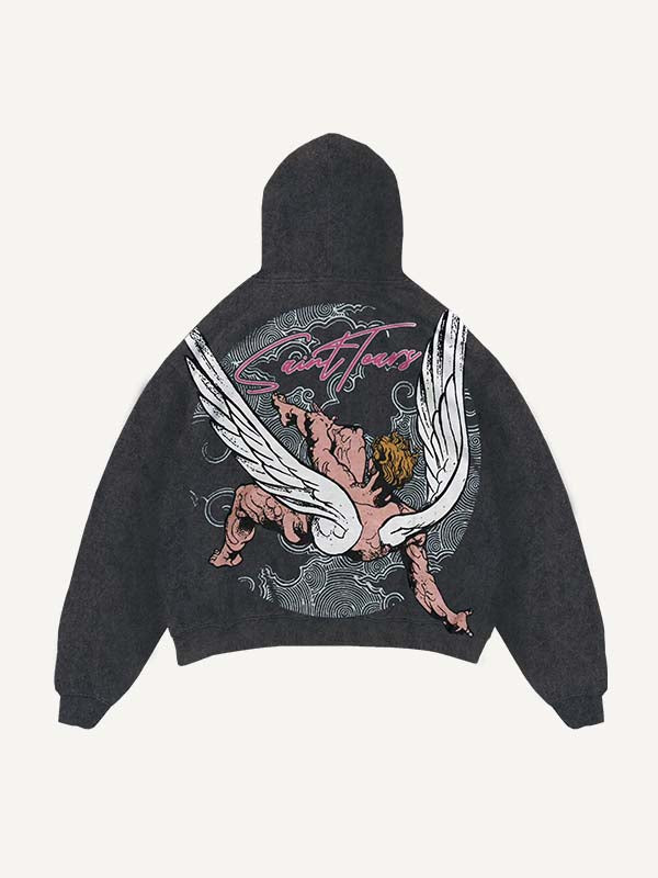 Distressed Washed Figure&Wing&Letter Print Slant Pockets Hoodie