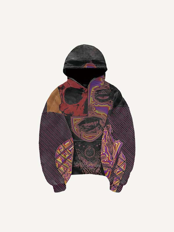 Colorblock Striped&Skull&Figure Print Slant Pockets Hoodie