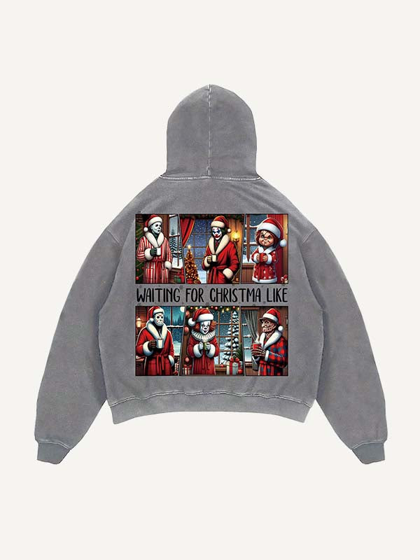 Distressed Washed Christmas Horror Print Slant Pockets Hoodie
