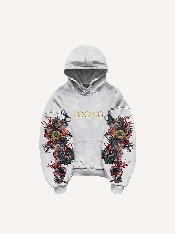 Dragon&Letter Print Slant Pockets Hoodie