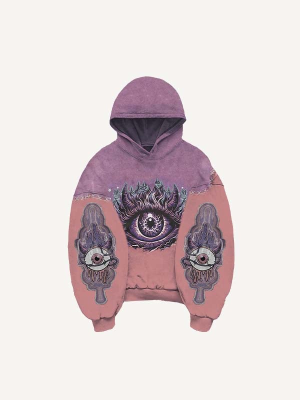 Colorblock Demon Eye&Eyeball Faux Decal Print Slant Pockets Hoodie