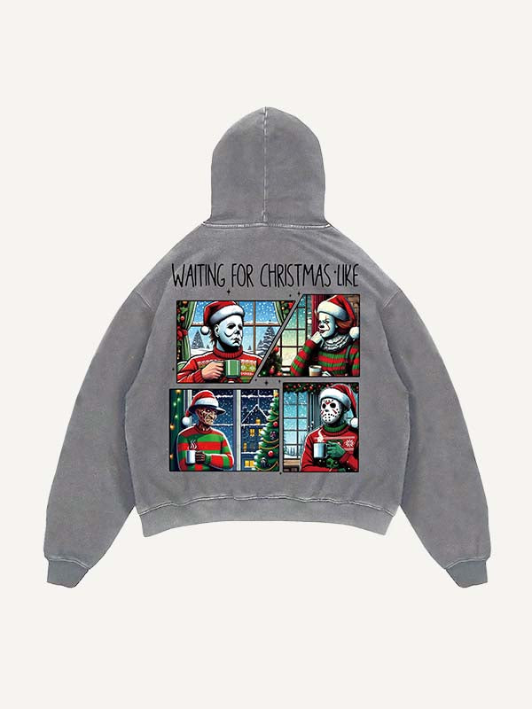 Distressed Washed Christmas Horror Print Slant Pockets Hoodie