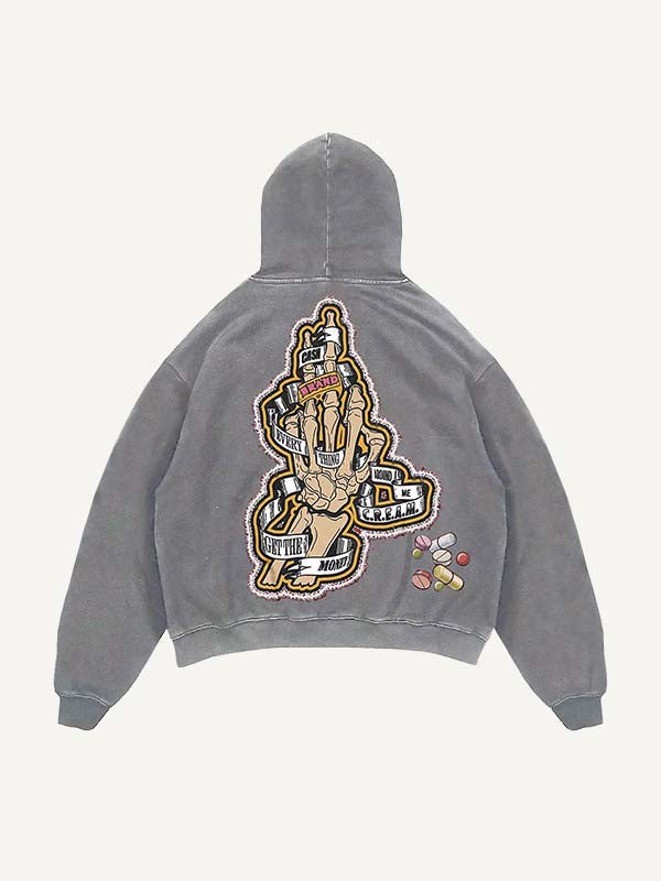 Distressed Washed Skeleton Injection Medicine&Letter Faux Decal Print Slant Pockets Hoodie