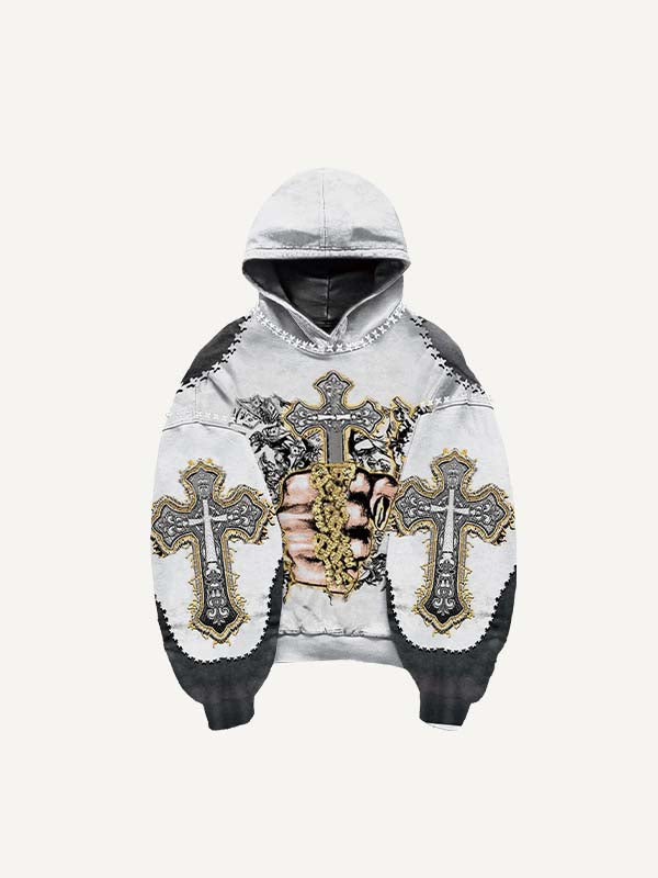 Colorblock Palm&Cross&Letter&Angel&Money Faux Decal Print Slant Pockets Hoodie