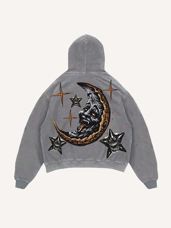 Distressed Washed Evil Moon&Sun&Cloud&Star Print Slant Pockets Hoodie