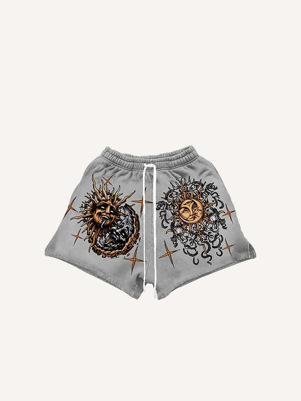 Evil Sun&Moon&Graphic Print Drawstring Waist Shorts