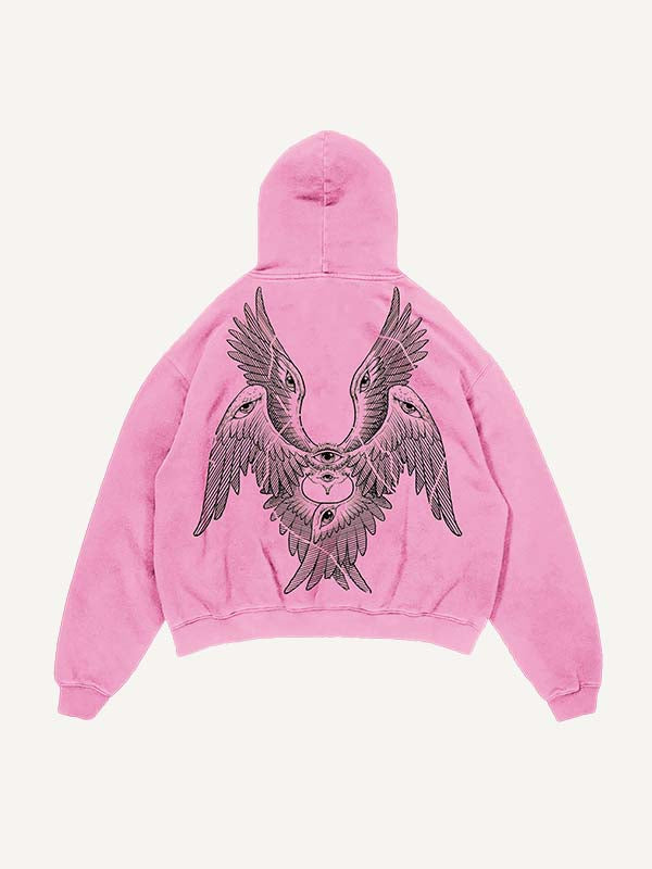 Distressed Washed Wing&Eye&Graphic Print Slant Pockets Hoodie
