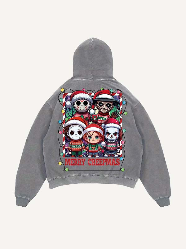 Distressed Washed Christmas Horror Print Slant Pockets Hoodie