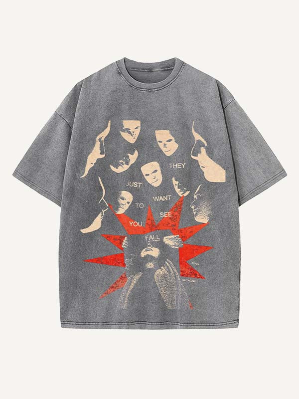 Distressed Washed Figure&Letter Print Round Neck T-shirt