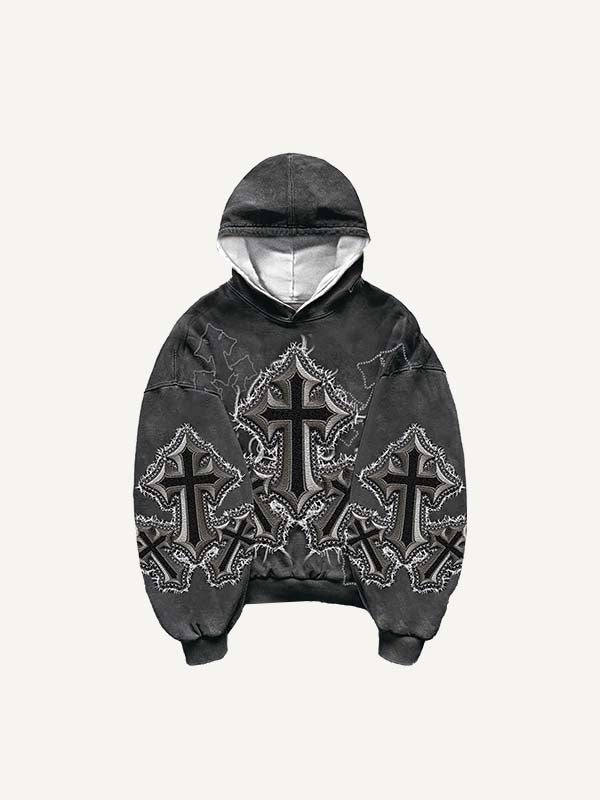 Cross&Angel&Wing&Letter Faux Decal Print Slant Pockets Hoodie