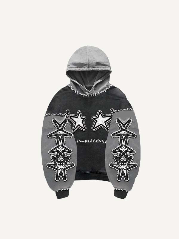 Colorblock Star&Skeleton Pray Faux Decal Print Slant Pockets Hoodie