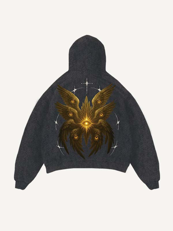 Distressed Washed Wing&Eye Print Slant Pockets Hoodie