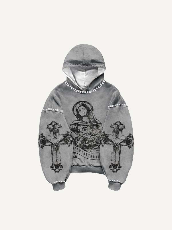 Figure&Cross&Letter&Graphic Print Slant Pockets Hoodie