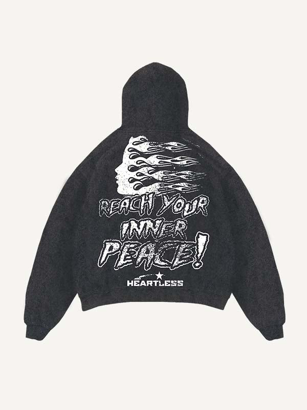 Distressed Washed Heartless Skeleton&Letter Print Slant Pockets Hoodie