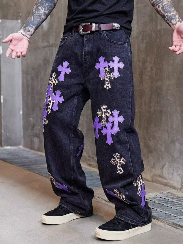 Cross Leather Patchwork Straight Jeans