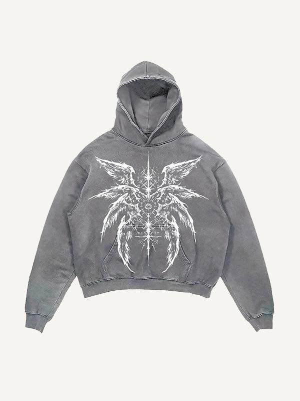 Distressed Washed Eye&Wing Print Slant Pockets Hoodie
