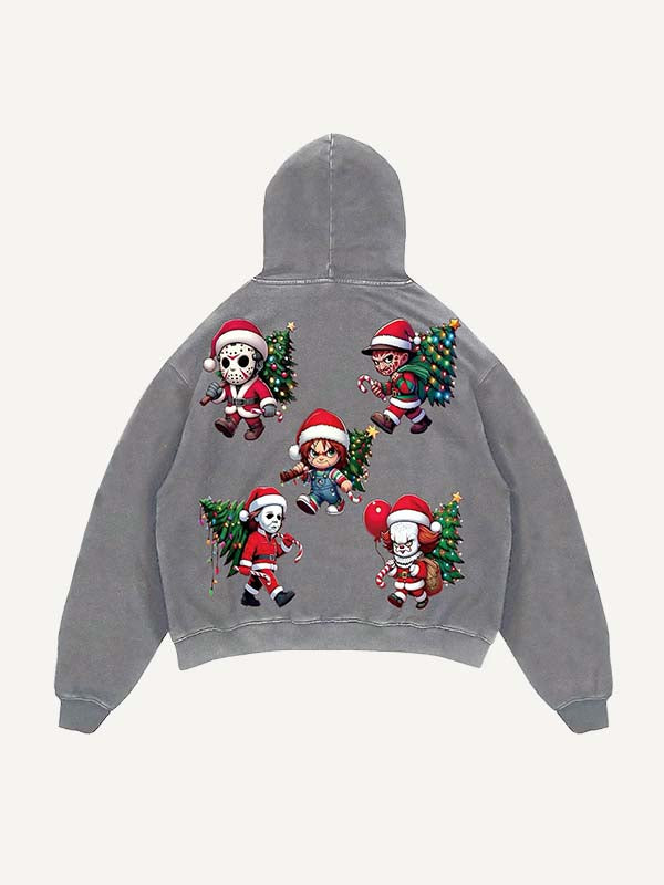 Distressed Washed Christmas Horror Print Slant Pockets Hoodie
