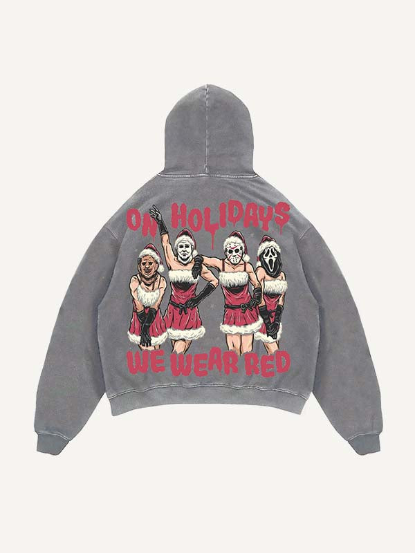 Distressed Washed Christmas Horror Print Slant Pockets Hoodie