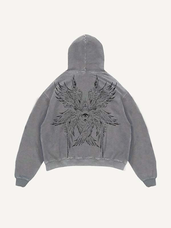 Distressed Washed Wing&Eye&Tears&Graphic Print Slant Pockets Hoodie