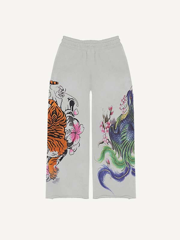 Dragon&Tiger&Phoenix Print Drawstring Waist Pants